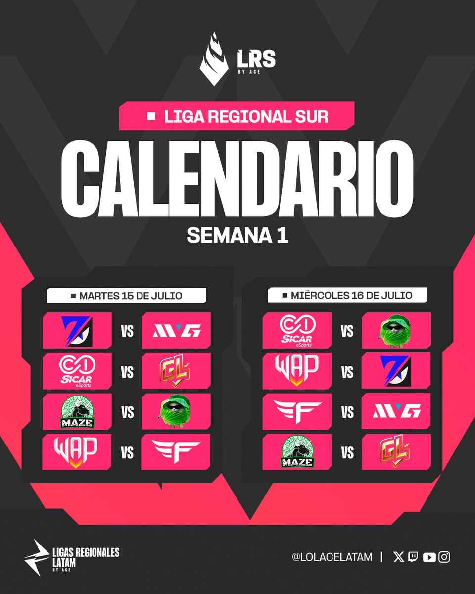🚨 El calendario de la semana está aquí 🚨

🗓️ No te puedes perder ni un solo partido, así que marca en tu calendario tu partido favorito

⏰ #LRN: 15:30 pm MX
⏰ #LRS:  15:30 ARG

📺 Acompáñanos por:
🟣twitch.tv/lolacelatam
🔵twitch.tv/ltaespanol
🔴youtube.com/@Lolacelatam/