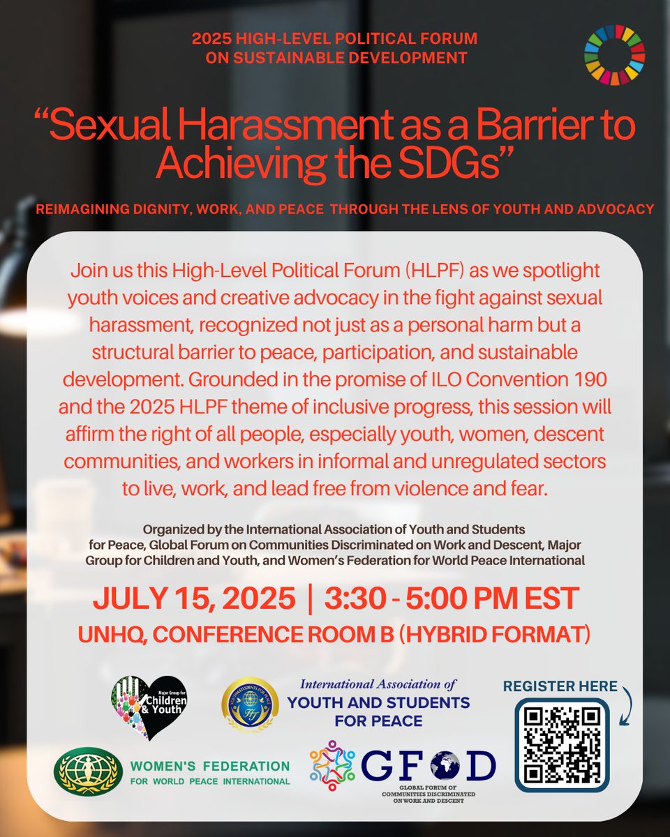 📢Sexual Harassment as a Barrier to Achieving the SDGs
🗓️Tuesday, July 15 3:30-5 PM
 🫱🏼‍🫲🏽 Co-organizers <a href="/IAYSP_Gh/">Int. Association of Youth and Students for Peace</a> <a href="/UNMGCY/">MGCY</a> <a href="/WFWPI/">WFWPI</a> 
🔗Register: bit.ly/sdg5ysp

Tackling harassment in informal spaces—beauty pageants, descent communities, fashion, influencer campaigns—is key