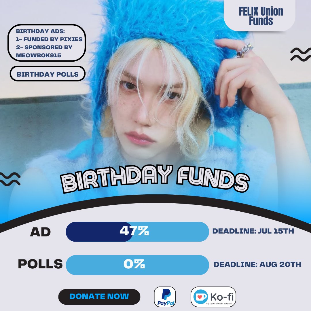 FELIXUnionFunds's tweet image. 🎁 #FELIX Birthday Funds
⌛️Birthday Ad: D-03🚨
🎯 $ 1000 (47%)
⌛️Birthday Polls: D-39
🎯 $ 2500 (0%)
Paypal: paypal.com/paypalme/felix…
Ko-fi: ko-fi.com/felixunionfunds
Every contribution matters! Your support is always appreciated 🙏
#李龙馥 #필릭스 #フィリックス