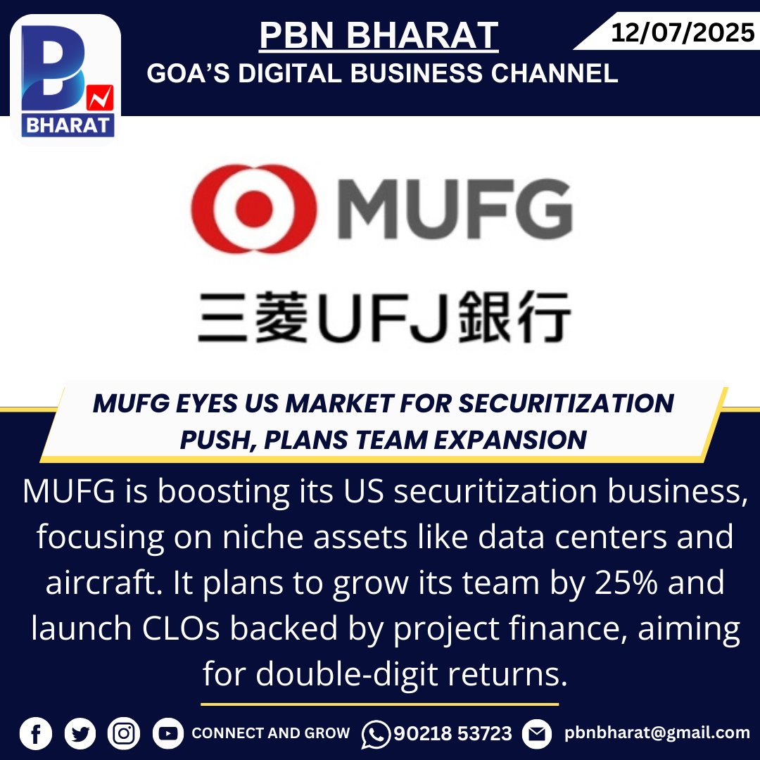PBNBHARAT's tweet image. MUFG eyes US market for securitization push, plans team expansion
#MUFG #Securitization #USMarket #Finance #DebtMarket #Expansion #ProjectFinance #DataCenters #Banking #GrowthStrategy