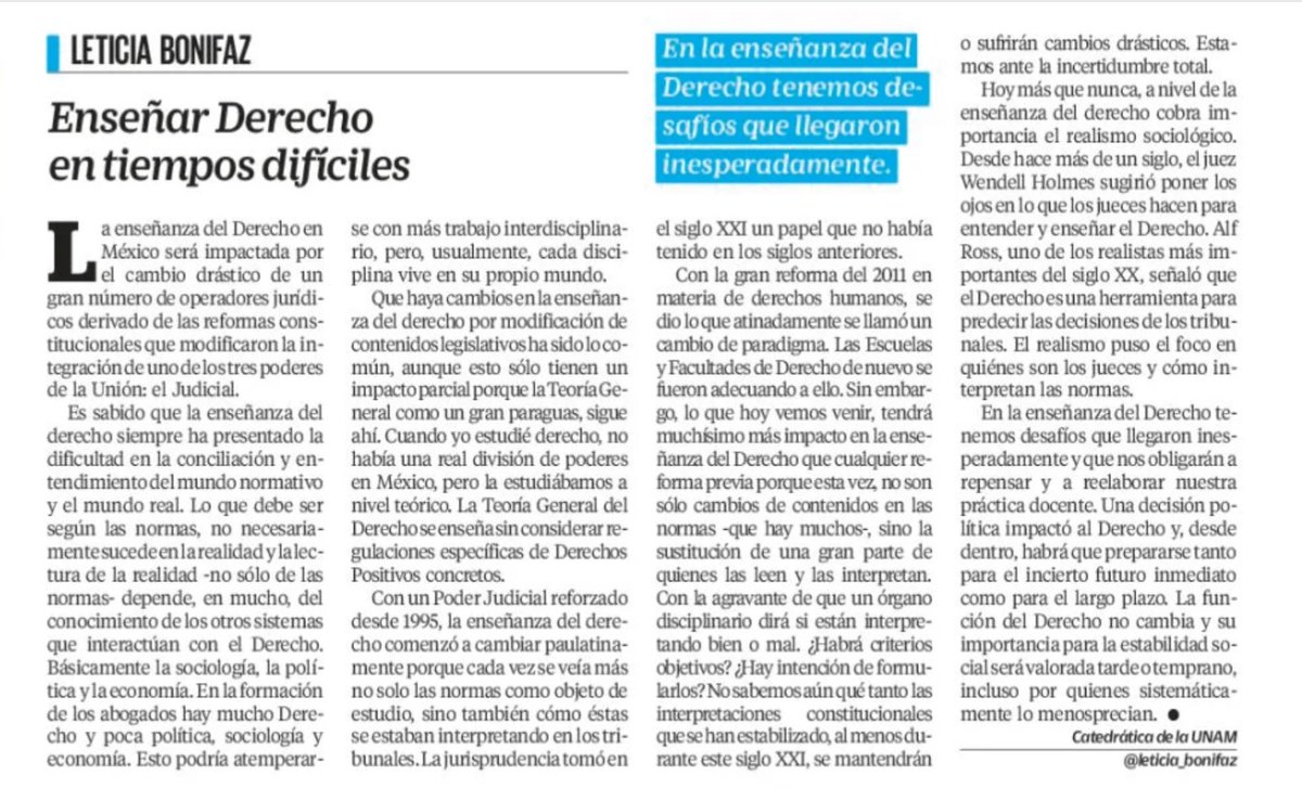 Una decisión política impactó al Derecho y, desde dentro, habrá que prepararse tanto para el incierto futuro inmediato como para el largo plazo.

[Enseñar Derecho en tiempos difíciles]

✍🏻 <a href="/leticia_bonifaz/">Leticia Bonifaz</a> en <a href="/El_Universal_Mx/">El Universal</a>