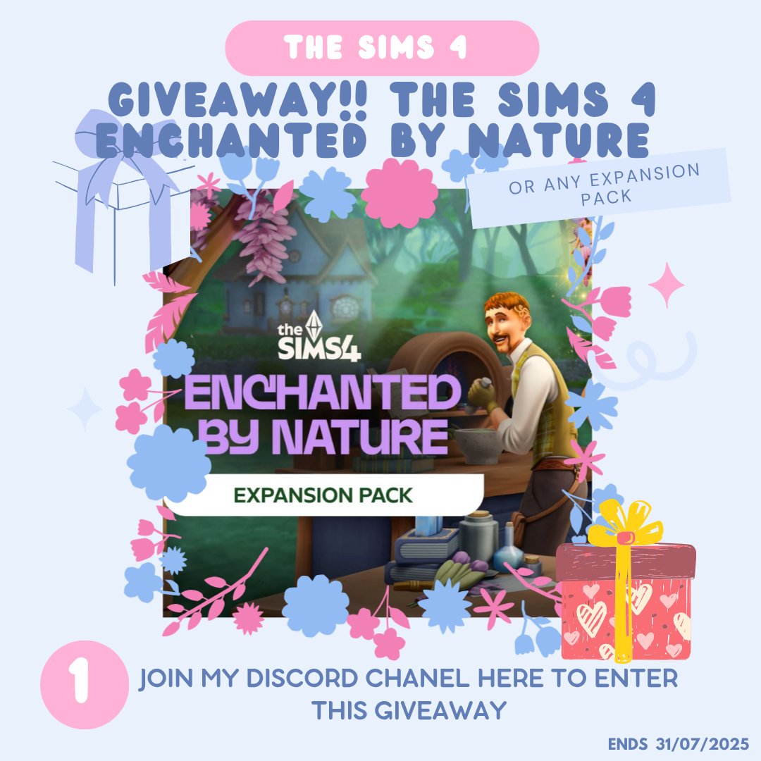 #Giveaway🔥Sims 4 I am giving away one ANY Expansion pack include Enchanted by Nature♥ TO ENTER:
1️⃣Join my Sims 4 Discord - discord.gg/CRgFXp4jt5
Like this post and repost♥ Ends 31.07.2025  #thesims4 #Sims4 #ts4 #Giveaway 
<a href="/simsshare/">The Sims Share 🍀</a> <a href="/some_simlish/">SomethingSimlish</a> @TheSimmersSquad