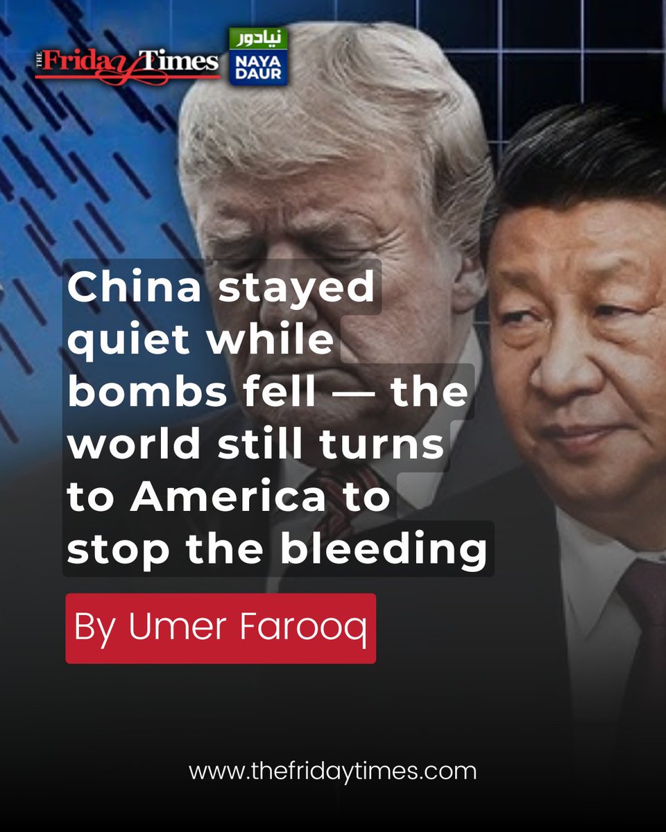 The Friday Times (@tft_) on Twitter photo China’s muted role in recent conflicts highlights its limits as a superpower, while US influence remains central to global conflict resolution.
By Umer Farooq
<a href="/Umer_1967/">Umer Farooq</a>
Read more: thefridaytimes.com/12-Jul-2025/ch…
#China #superpower #US #IsraelIranConflict #PakistanForeignPolicy China’s muted role in recent conflicts highlights its limits as a superpower, while US influence remains central to global conflict resolution.
By Umer Farooq
<a href="/Umer_1967/">Umer Farooq</a>
Read more: thefridaytimes.com/12-Jul-2025/ch…
#China #superpower #US #IsraelIranConflict #PakistanForeignPolicy