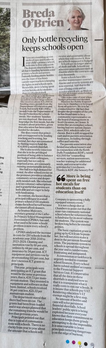 Strong article by Breda O’Brien on school finances