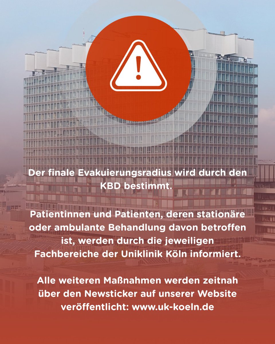 ⚠️ Weltkriegsbombe in Uniklinik-Nähe gefunden - Evakuierung und Entschärfung im Laufe der kommenden Woche. Alle weiteren Maßnahmen werden zeitnah über den Newsticker veröffentlicht unter uk-koeln.de/uniklinik-koel…
#UniklinikKöln #Uniklinik #Köln