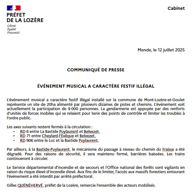 Prefet_48's tweet image. L’événement musical a caractère festif illégal installé sur la commune de Mont-Lozère-et-Goulet représente un site de 20ha alimenté par plusieurs dizaines de pistes et chemins. L’événement voit actuellement la participation de 9 000 personnes. La gendarmerie est appuyée par des…