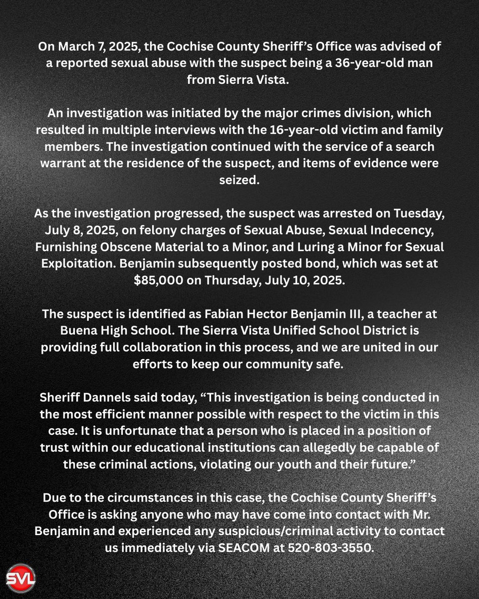 SierraVistaLIVE's tweet image. Details on the arrest of a Buena High School teacher for multiple charges;