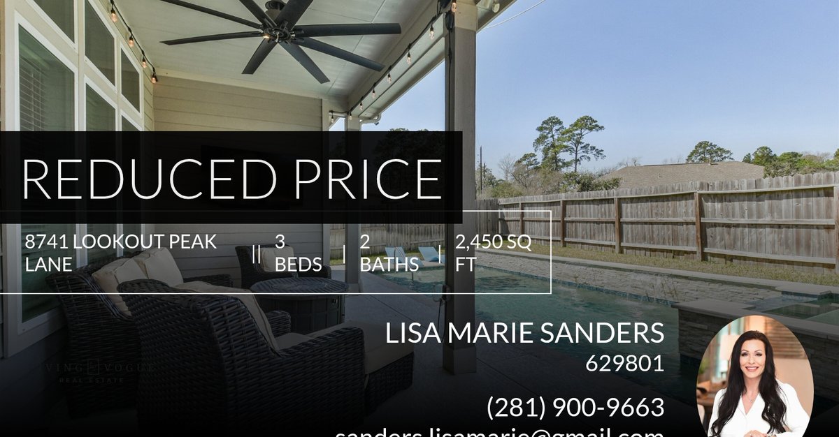 📍 Reduced Price 📍 This recently reduced home at 8741 Lookout Peak Lane in Magnolia won't last long, so, don't wait to set up a showing! Reach out here or at (281) 900-9663 for more information!

Lisa Marie Sanders 
Owner/Agent 
L... homeforsale.at/8741_LOOKOUT_P…