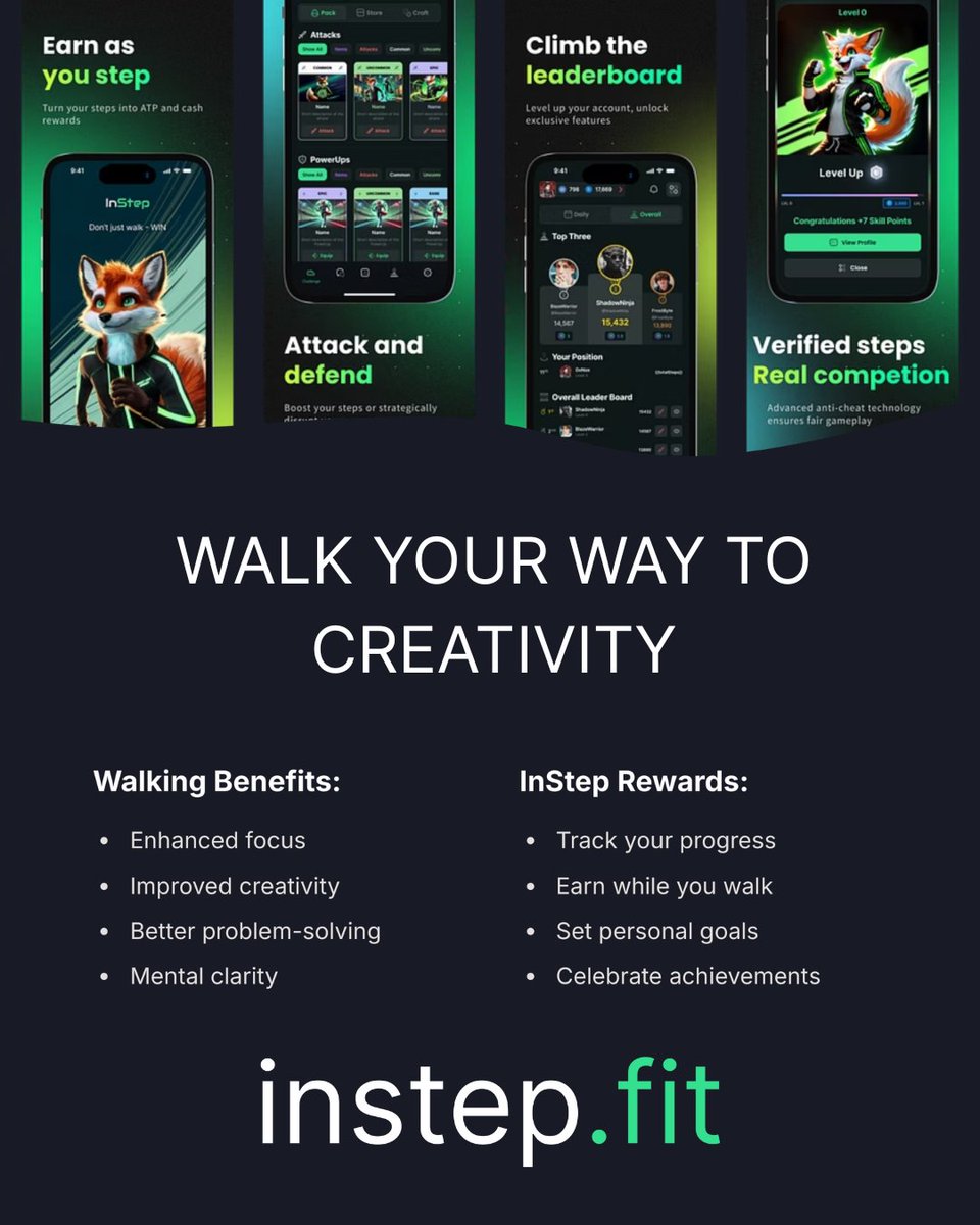 Instep_app's tweet image. WALK YOUR WAY TO CREATIVITY
Brisk strolls boost focus and creativity, big ideas start on your feet, turn those steps into rewards with InStep:👇
invite.instep.fit/?r=INSTEP1f