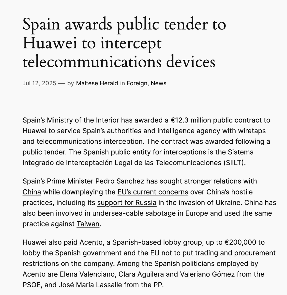 moo9000's tweet photo. Spain gives Huawei, a  company deeply rooted in the Chinese Communist Party, the master keys to  their telephone network and wiretaps. This must be the new low IQ  record from any government in the EU.

https://t.co/89P7OmHimD https://t.co/Z3qEt6sX0p