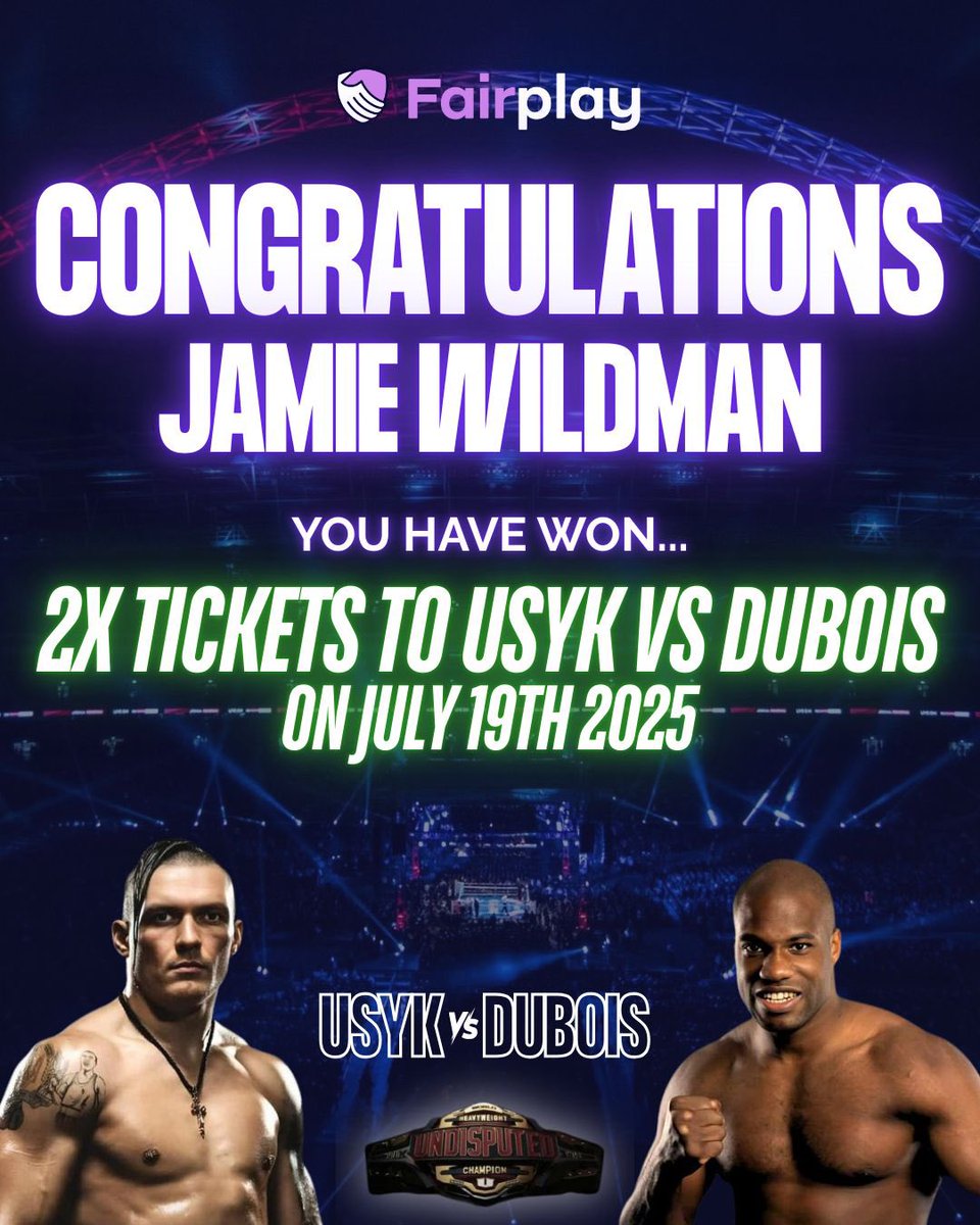 Fairplayapp's tweet image. Congratulations Jamie Wildman!
You’ve won 2x tickets to Usyk vs Dubois – a massive night of heavyweight boxing! 🥊🔥
Keep an eye out for more giveaways dropping soon. You could be next!
Download the Fairplay app and get involved! 📲
18+ | GambleAware
#Boxing #GiveawayWinner…