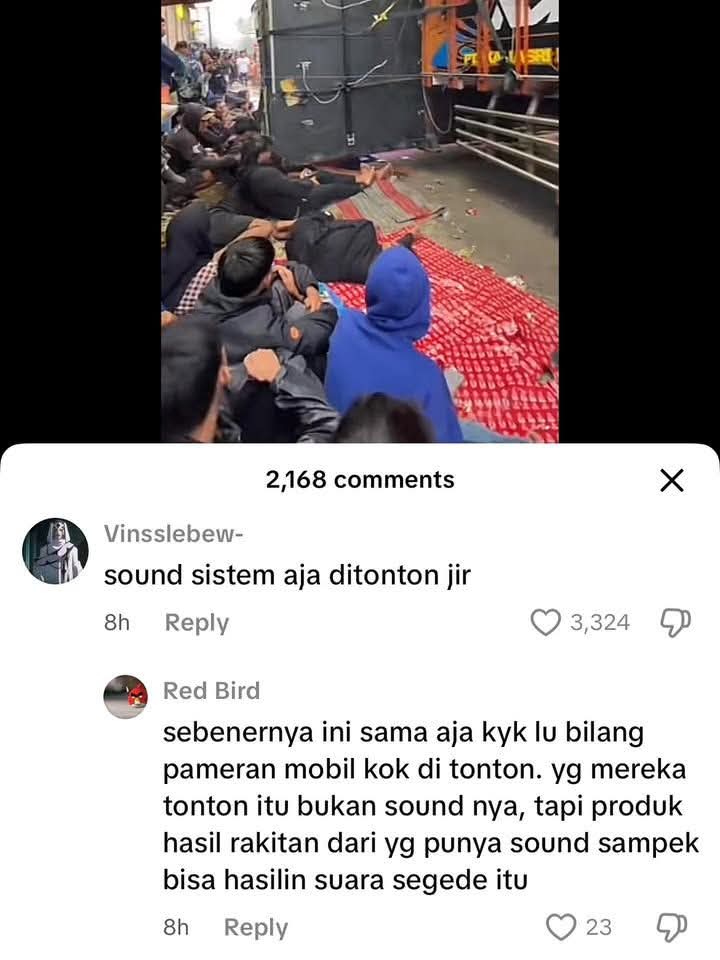 Tapi sejauh ini belom pernah liat pameran mobil yang ngancurin jembatan, gapura, kaca rumah warga, atap dan fasilitas umum lainnya sih 🤌🏻

Oke memang ada benernya sound sistem punya seni, tapi masalahnya tuh ga tau tempat. Kalo di lapangan yang jauh dari warga mah gamasalah, tapi