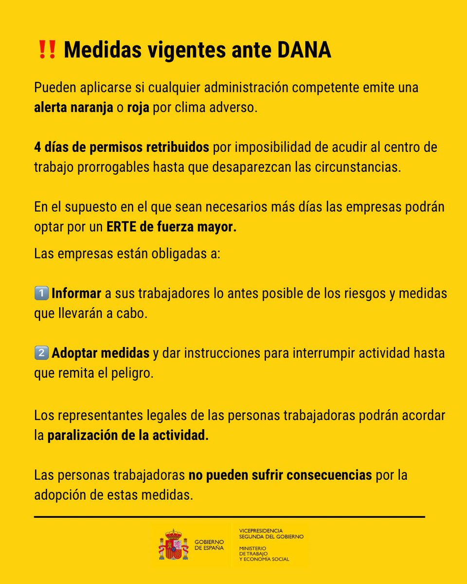 empleogob's tweet image. ‼️Ante la DANA:
Los y las trabajadoras no tienen que correr riesgos.
Si tu seguridad peligra no corras riesgos para ir al trabajo y sigue las indicaciones de las autoridades. La normativa vigente contempla cambios en tu jornada, permisos climáticos y prioridad del teletrabajo 👇🏽