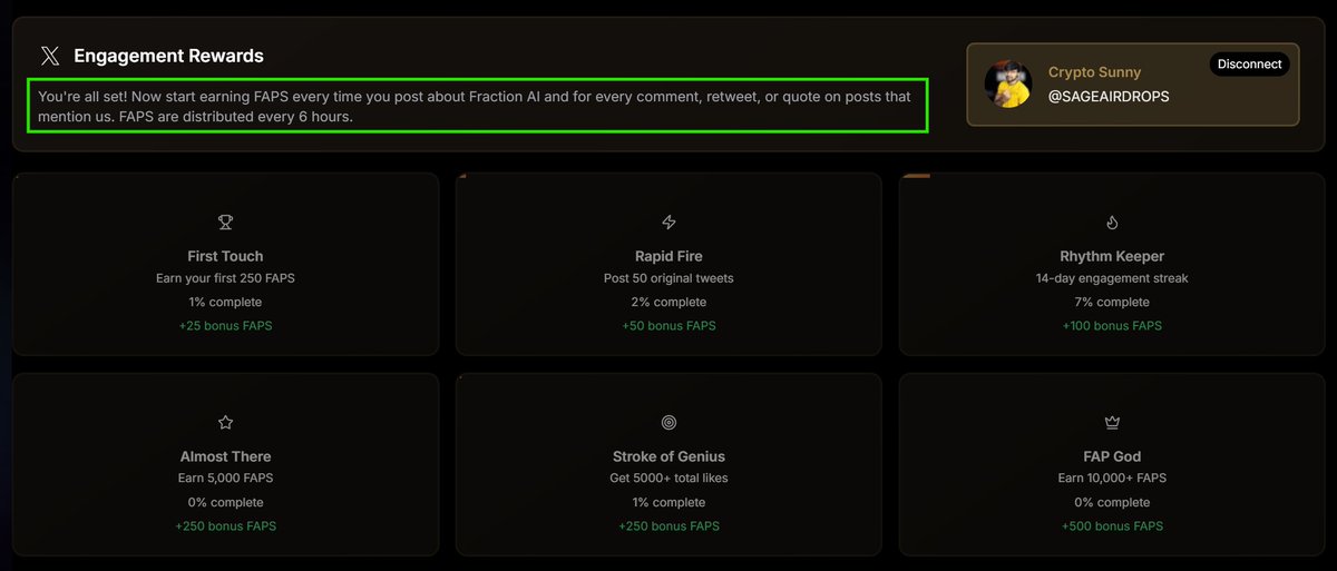 SAGE AIRDROPS (@sageairdrops) on Twitter photo 🔈 <a href="/FractionAI_xyz/">Fraction AI</a> Airdrop — How to Earn FAPs + Bonus Rewards ✔️
📌 Many users with fewer followers are in the Top 10 that’s a great sign
💬 Engagement Rewards
➡️ You're all set! Earn FAPs every time you post, comment, retweet, or quote anything related to Fraction AI. 🔈 <a href="/FractionAI_xyz/">Fraction AI</a> Airdrop — How to Earn FAPs + Bonus Rewards ✔️
📌 Many users with fewer followers are in the Top 10 that’s a great sign
💬 Engagement Rewards
➡️ You're all set! Earn FAPs every time you post, comment, retweet, or quote anything related to Fraction AI.