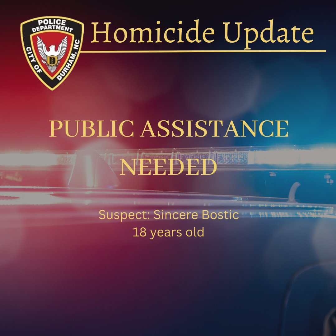 TheDurhamPolice's tweet image. The Durham Police Department is searching for Sincere Bostic, 18, of Durham, in connection to the murder of Jayquon Taborn, 20, of Durham.
Anyone with information on Bostic's location should call 911 or CrimeStoppers at 919-683-1200. Bostic is considered armed and dangerous.