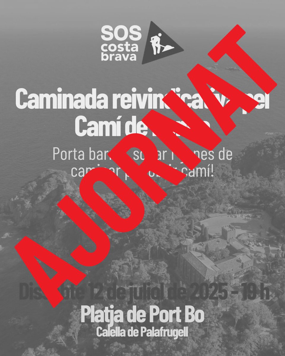 ⛔️ Ajornada la caminada a Cap Roig.
El mal temps i l’avís de Protecció Civil ens fan posposar l’acció prevista per avui, dissabte 12 de juliol.
🌿 Nova data, aviat. Ens hi arrelarem igualment.
bit.ly/4lMgs47 #Arrelar #CapRoig #SOSCostaBrava #NoEsVen