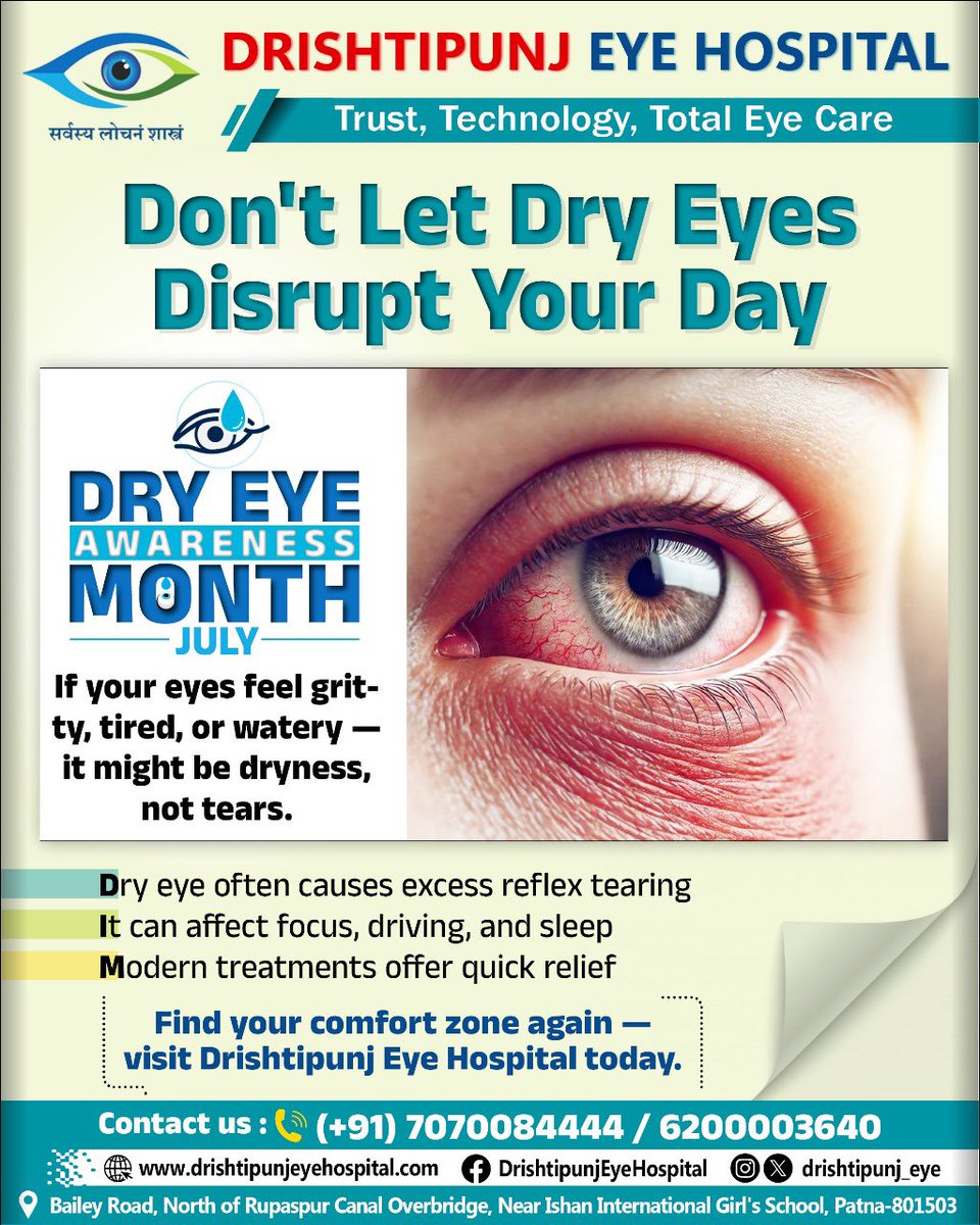drishtipunj_eye's tweet image. 👁️ Burning, Stinging, Watery Eyes? Don’t Ignore the Signs.

These could be more than just allergies or strain — they may point to Dry Eye Syndrome, a common yet often overlooked condition.

#DryEyeAwarenessMonth #DryEyeRelief #DigitalEyeStrain #EyeCare #HealthyVision