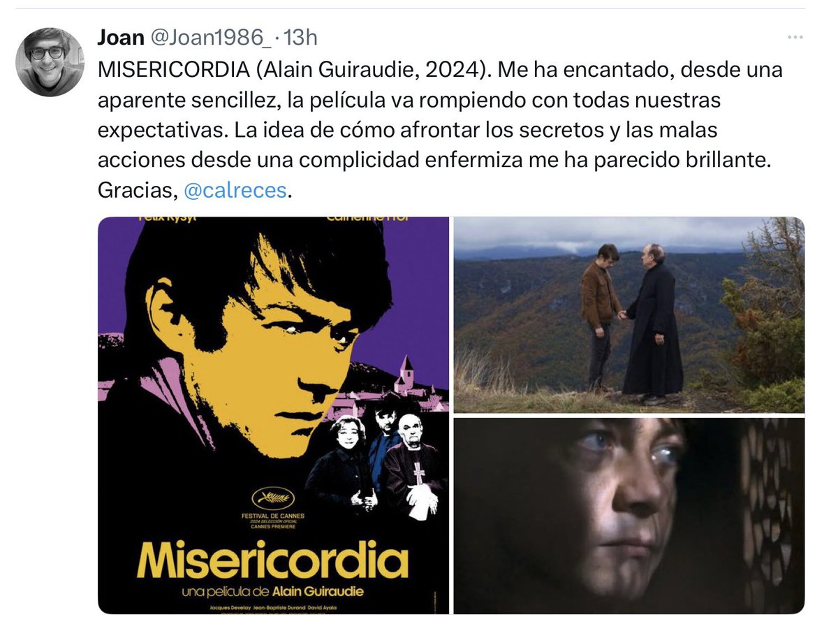 Misericordia (Alain Guiraudie 2024) Un thriller que lentamente conduce por un camino tortuoso e irreverente entre eros y thanatos hasta el final. “Sigue con tu vida por mi” Muy buena. 
Vista gracias a estos dos señores <a href="/calreces/">César CR</a> y <a href="/Joan1986_/">Joan</a> 👇👇