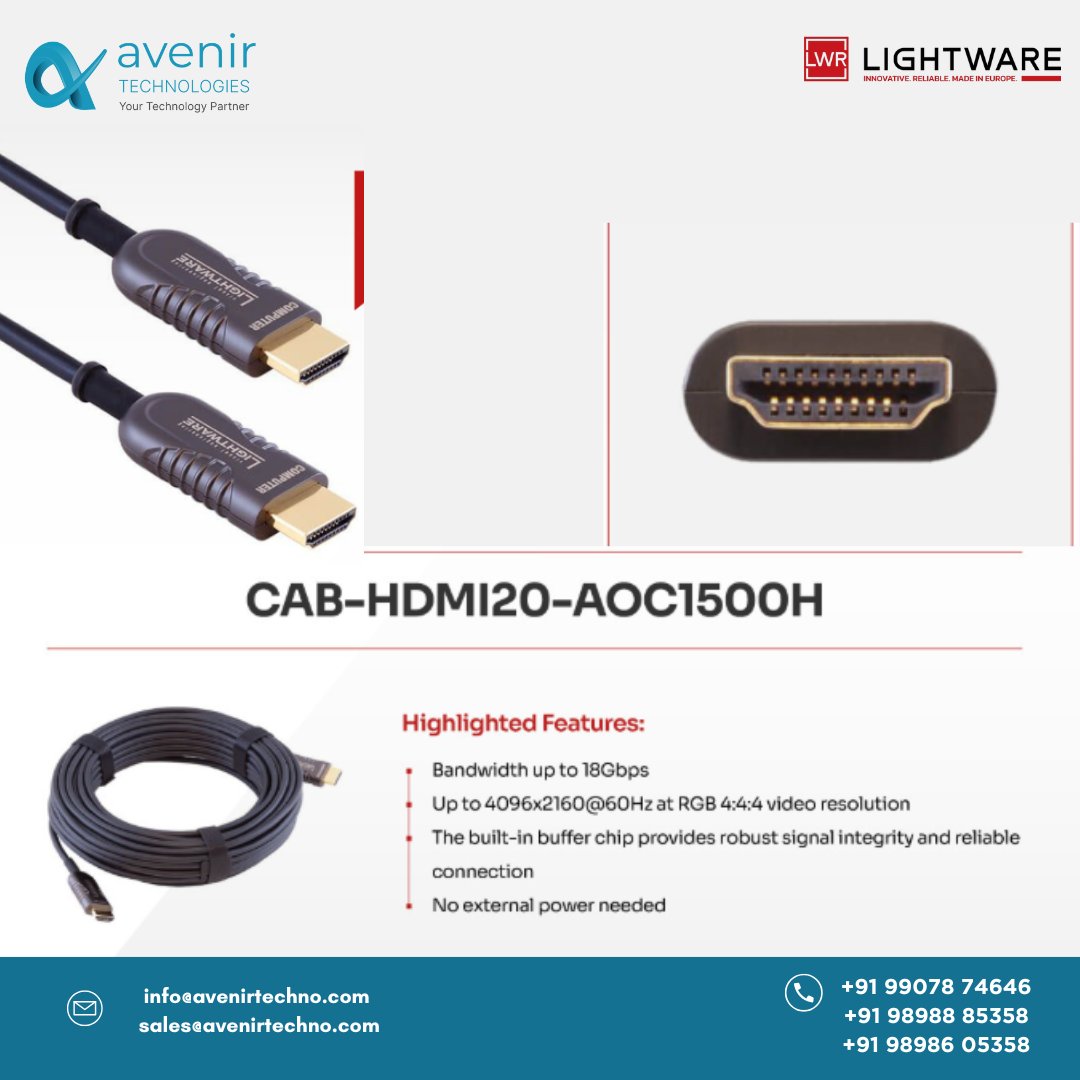 avenirtechno7's tweet image. 🚀High-Performance AV Starts Here!
Avenir Technologies brings you Lightware HDMI 2.0 AOC Cables – ultra-clear visuals, no power needed, built for pro AV setups.
📧info@avenirtechno.com
📞+91 99078 74646
🌐avenirtechno.com

#Lightware #avenirtechno #AVsolution #audiovideo
