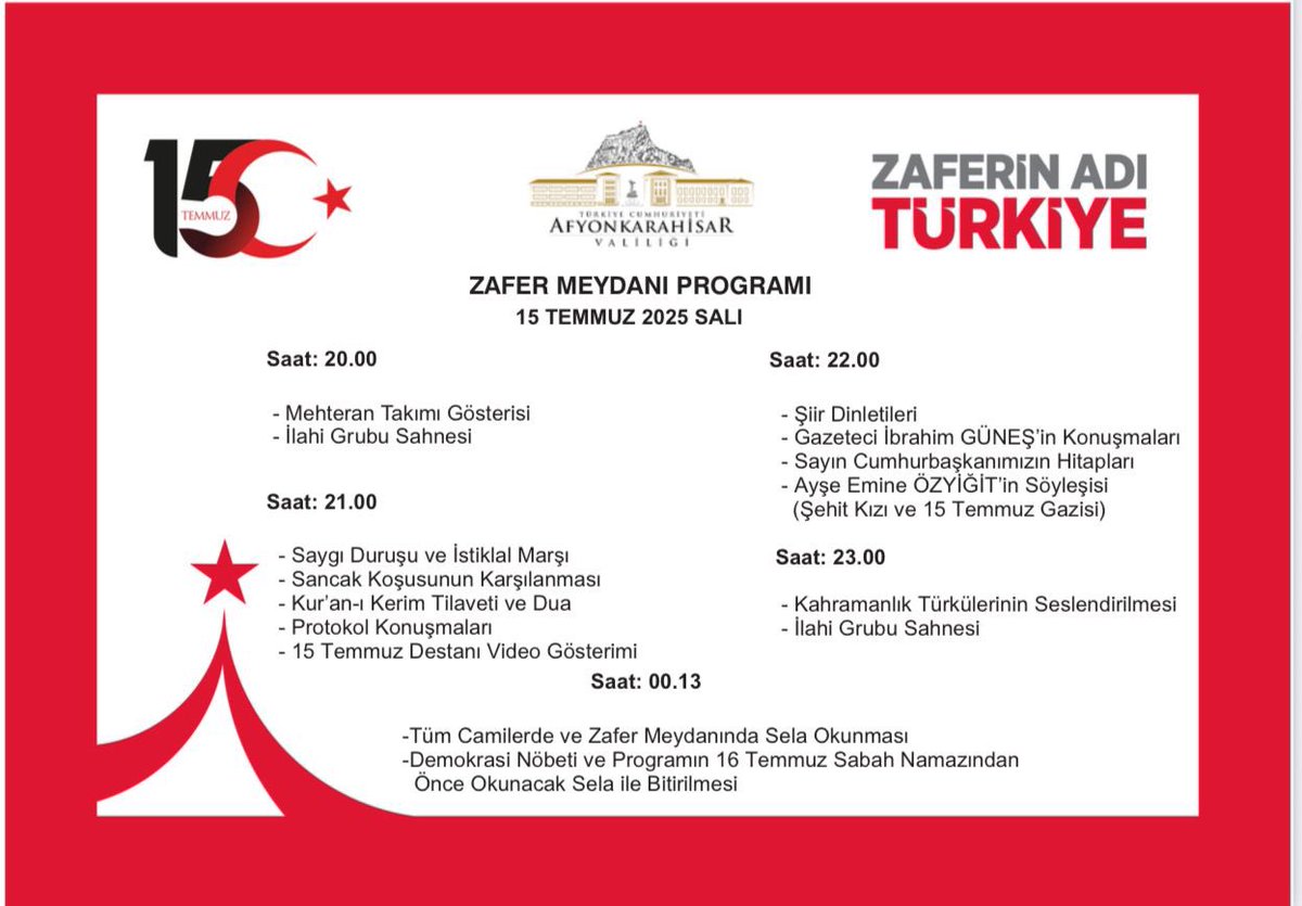 🇹🇷 #ZaferinAdıTürkiye 🇹🇷
📍 Kıymetli Afyonkarahisarlı Hemşehrilerimiz,

15 Temmuz Demokrasi ve Millî Birlik Günü dolayısıyla düzenlenecek anma programına tüm halkımız davetlidir.

Şehitlerimizi rahmetle, gazilerimizi minnetle anıyor; milletimizin yazdığı bu destanı unutmuyor,