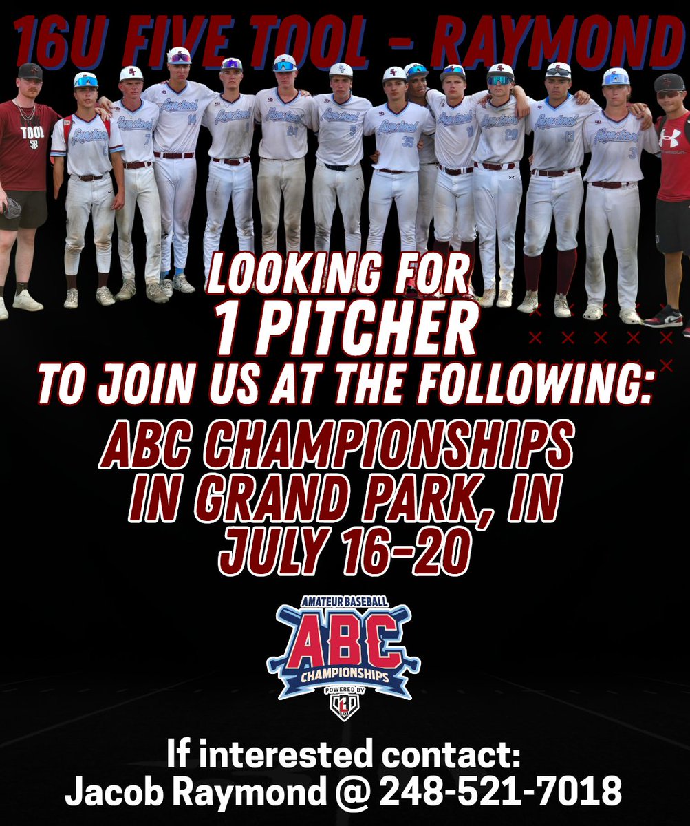 16u Five Tool (@5toolraymond) on Twitter photo Due to multiple injuries, 16u Five Tool Raymond is looking for 1 pitcher to join us at Grand Park next week. If interested, please contact: Jacob Raymond 248-521-7018 Due to multiple injuries, 16u Five Tool Raymond is looking for 1 pitcher to join us at Grand Park next week. If interested, please contact: Jacob Raymond 248-521-7018