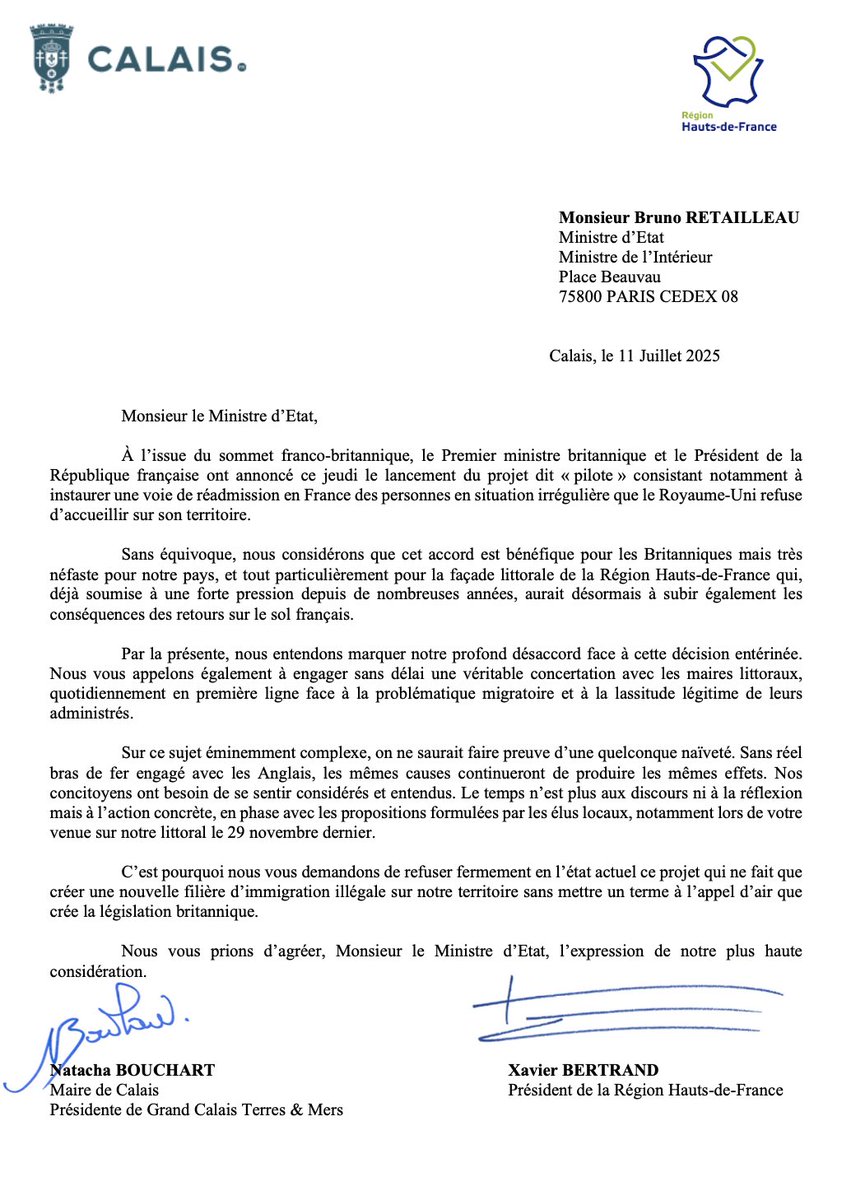 xavierbertrand's tweet image. L’accord avec le Royaume-Uni va créer une nouvelle filière d’immigration illégale en France.
Avec @NatachaBouchart et le collectif des élus du littoral, en première ligne face à la problématique migratoire, nous demandons à @BrunoRetailleau de refuser cet accord 👇