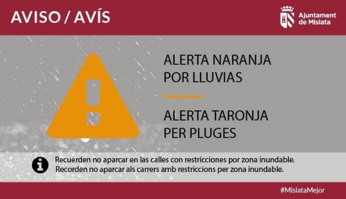 📢 AVISO IMPORTANTE

🟠Emergencias 112 y AEMET decreta ALERTA NARANJA por lluvias en nuestra zona para las próximas horas.

⛔️Recuerden NO APARCAR en las calles con restricciones por ser zonas inundables (señalizadas con placas verticales - zona calle Pare Llansol y alrededores)