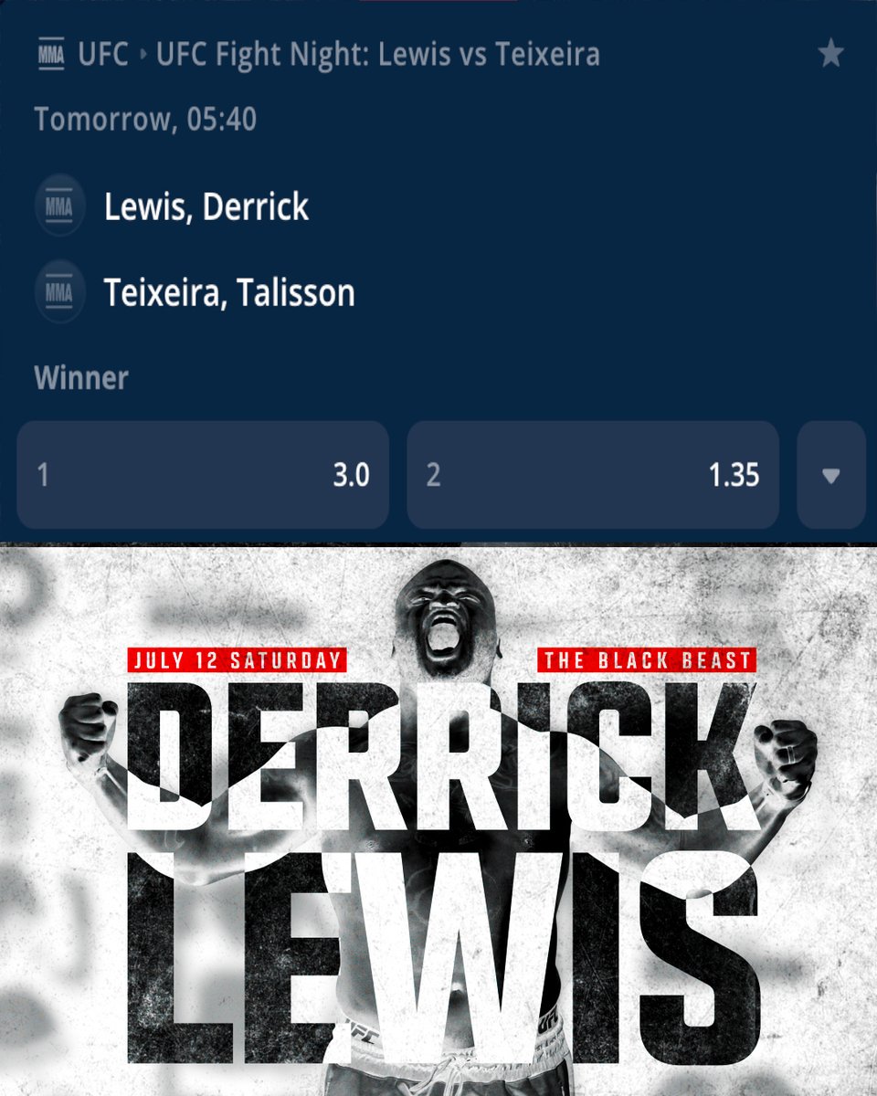 Derrick Lewis vs. Talisson Teixeira at UFC Fight Night

Is Lewis set to increase his knockout count in the UFC? 

Take a chance 🥊

#UFC #DerrickLewis #TalissonTeixeira