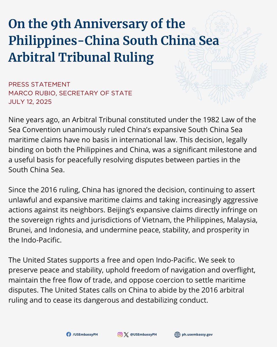 USEmbassyPH's tweet image. Read @SecRubio’s statement on the ninth anniversary of the Philippines-China South China Sea Arbitral Tribunal ruling: state.gov/releases/offic…
🇺🇸🤝🇵🇭 #FriendsPartnersAllies #FreeAndOpenIndoPacific