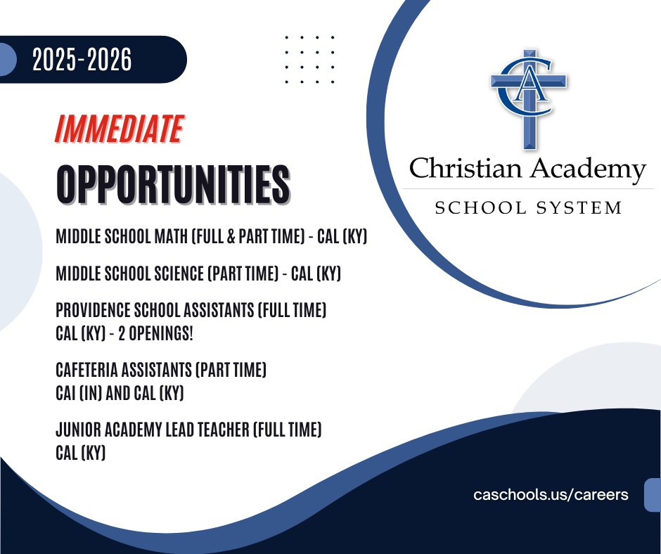 Discover Immediate Opportunities for the 2025-2026 School Year at caschools.us/career-opportu… and Apply Online at ca.schoolspring.com. Learn More about Christian Academy Careers/Joining Our Team and Benefits at caschools.us/system/careers.