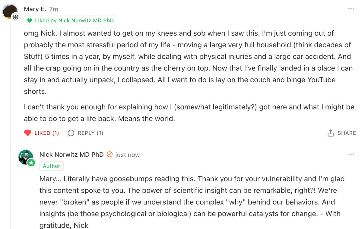 First comment on today’s Newsletter about the Neuroscience of “Giving In”

The post was explaining neuro-metabolism. My two cents?

This is a demonstration of the importance of bridging neuro-metabolism and mental health. People desperately want to understand HOW and WHY.

It’s