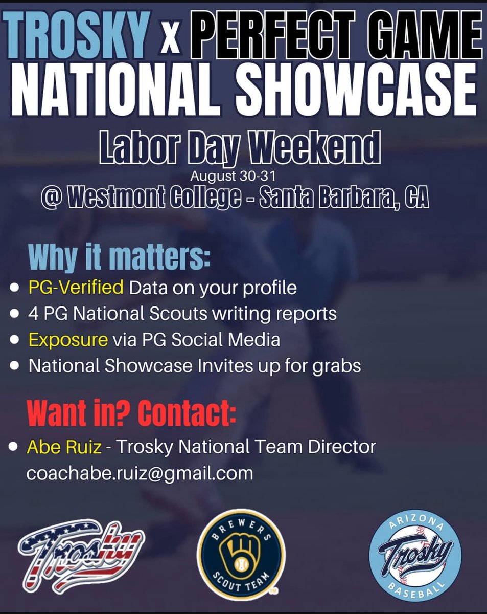 Trosky Baseball Teams (@troskyteams) on Twitter photo Whether you want to join the program or just attend a <a href="/PerfectGameUSA/">Perfect Game USA</a> Showcase, reach out for details! <a href="/CoachRuiz_TN/">Abe Ruiz</a> <a href="/NateTrosky/">Trosky</a> <a href="/TroskyBaseball/">Trosky</a> <a href="/Trosky_Arizona/">Trosky Arizona Baseball</a> <a href="/ForceSportsCA/">Trosky Force Baseball</a> <a href="/sbst_training/">South Bay Sports Training & Batting Cages</a> <a href="/Vartradamus/">Adam Varteressian</a> <a href="/isaiahishmail10/">Zay</a> <a href="/California_PG/">Perfect Game California</a> Whether you want to join the program or just attend a <a href="/PerfectGameUSA/">Perfect Game USA</a> Showcase, reach out for details! <a href="/CoachRuiz_TN/">Abe Ruiz</a> <a href="/NateTrosky/">Trosky</a> <a href="/TroskyBaseball/">Trosky</a> <a href="/Trosky_Arizona/">Trosky Arizona Baseball</a> <a href="/ForceSportsCA/">Trosky Force Baseball</a> <a href="/sbst_training/">South Bay Sports Training & Batting Cages</a> <a href="/Vartradamus/">Adam Varteressian</a> <a href="/isaiahishmail10/">Zay</a> <a href="/California_PG/">Perfect Game California</a>