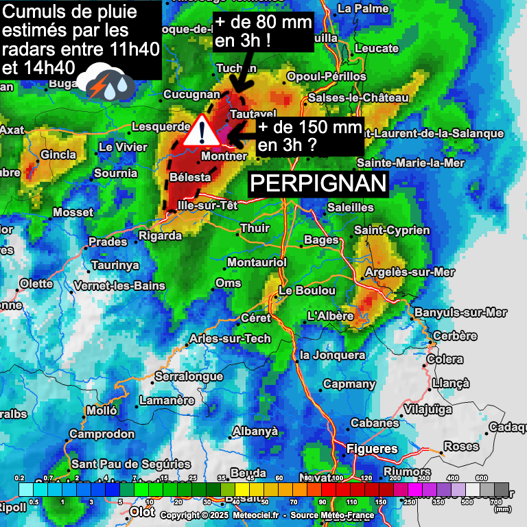 Meteovilles's tweet photo. ➡️Depuis 3h, les Pyrénées-orientales sont localement sous les trombes d'eau.
➡️L'axe #Tautavel - #Montner - Ille-sur-Têt est particulièrement touché avec des estimations de cumuls selon les radars qui peuvent dépasser 150 mm en 3h !
➡️Selon les stations météo, le maxi enregistré est de 78 mm à Ille-sur-Tet (un peu en-dehors de la zone la plus touchée).