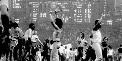 On this day in 1979, Between games of a baseball doubleheader between the Chicago White Sox and the Detroit Tigers, a crate of disco records was blown up as part of a promotion dubbed Disco Demolition Night. Fans rushed the field, &amp; as a result the Sox forfeited game 2.