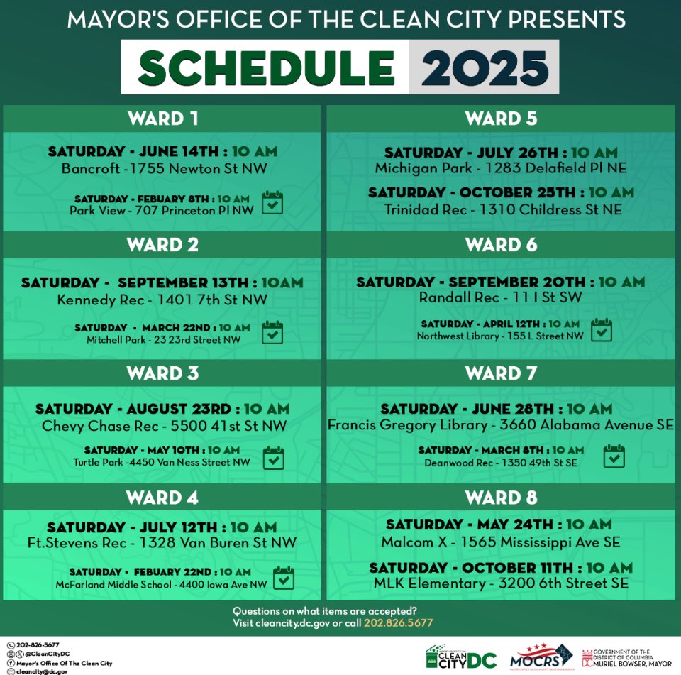CleanCityDC's tweet image. Good Morning DC!! Today in Ward 4 the Mayor’s Office of the Clean City will be at Fort Steven Recreation at 10:00 am for our Roll Off where you can drop off bulk items you may have laying around your home. Visit cleancity.dc.gov to view a list of accepted items.
