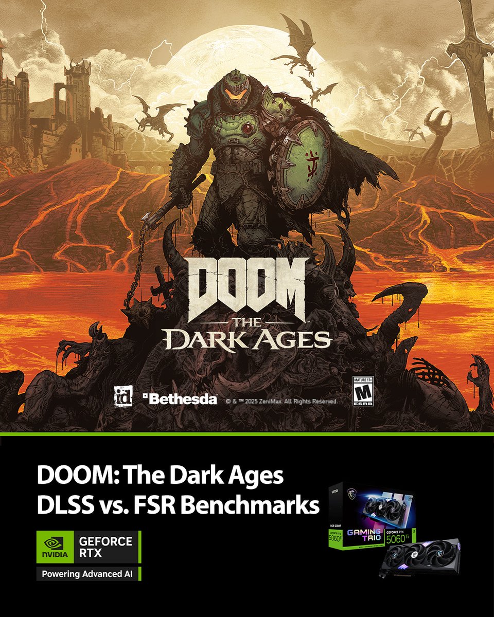 msigaming's tweet image. Me: "I don’t need a new GPU."
Also me, after seeing the DOOM: The Dark Ages benchmarks… 👀💸

Who takes the win at every resolution? 
Full breakdown here: msi.com/blog/doom-the-…

#Doom #graphicscards #RTX50 #GamingPC