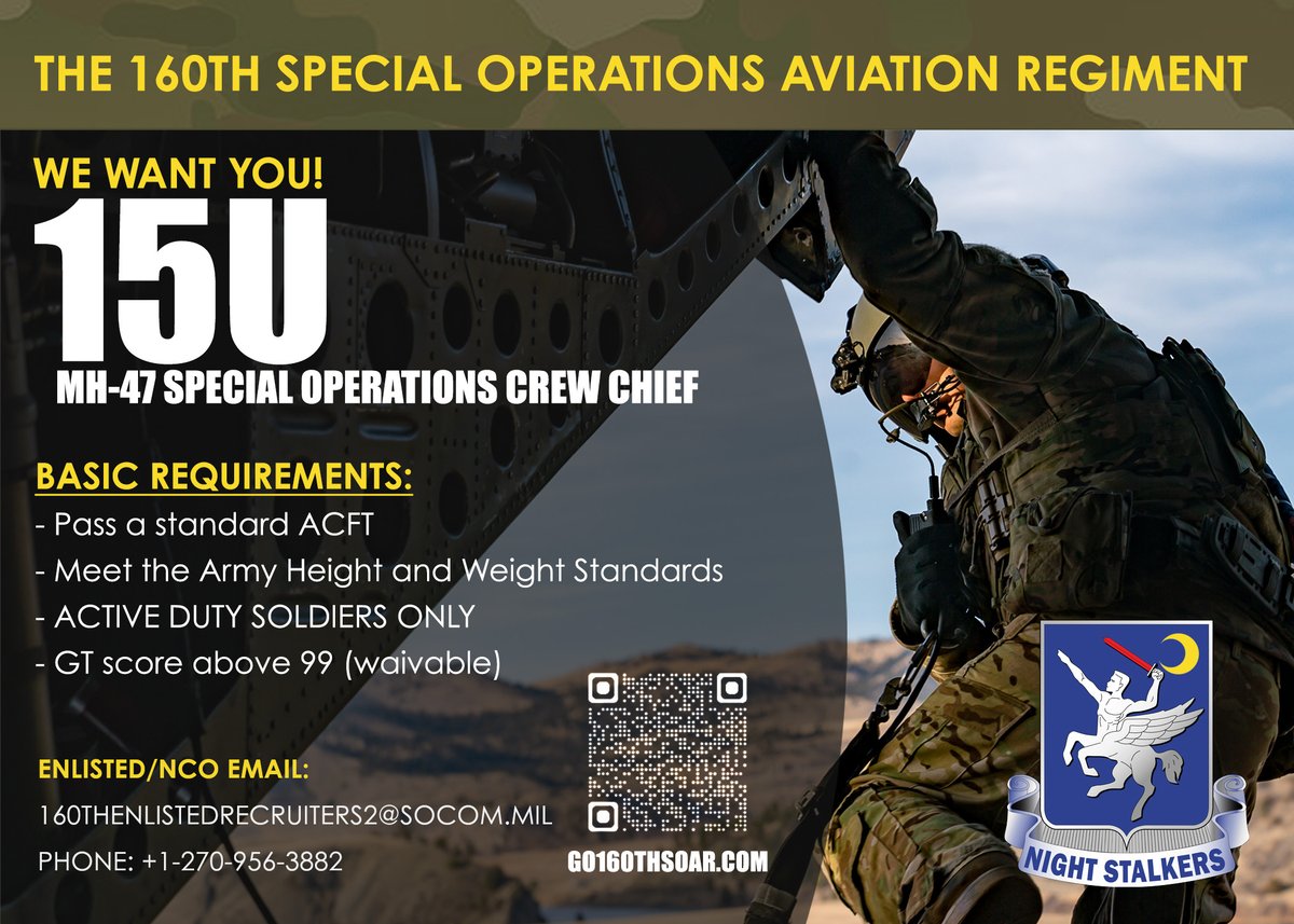 Go160thSoar's tweet image. We are seeking soldiers who want to elevate their military aviation career as a 15U MH-47 Special Operations Crew Chief in the 160th SOAR. Go Beyond the Conventional. Learn More & Apply at go160thSOAR.com.
#SpecialOperationsAviation #GoArmySOF #GoBeyondTheConventional