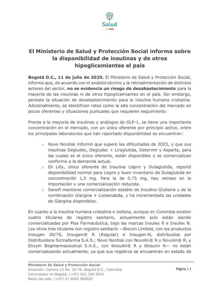 El Ministerio de Salud descartó un desabastecimiento general de insulinas, pero alertó escasez de insulina humana cristalina, clave para tratar la diabetes. Desde octubre de 2024 está en la lista de medicamentos vitales no disponibles