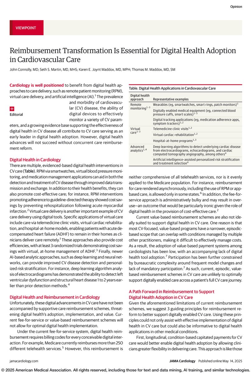 JAMACardio's tweet image. "Digital health advances will not succeed without concurrent care reimbursement reform." Learn more in this Viewpoint about digital health approaches to cardiovascular care delivery. ja.ma/3GA0ISS
