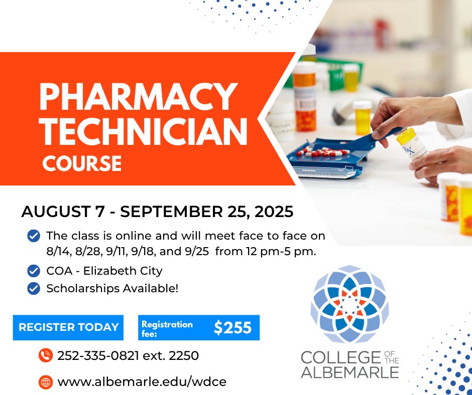 Interested in a career as a pharmacy technician?
🐬⚕️
Check out our upcoming Pharmacy Technician class at COA - Elizabeth City! Register today to #TransformYourTomorrow... seats fill quickly!
🧡💙
Call 252-335-0821 ext. 2250 or visit albemarle.edu/wdce to learn more!