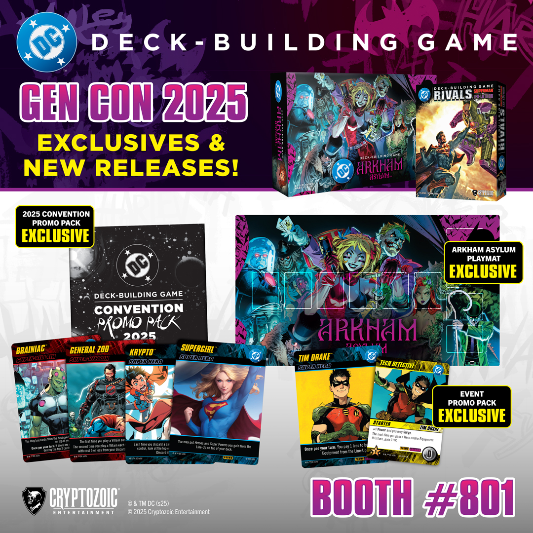 DC Deck-Building Game at Gen Con! Get the exclusive Convention Promo Pack and Arkham Asylum Playmat featuring Philip Tan art. You can even get 2 Event Promo cards!

Plus we’ll have BIG releases: DC DBG: Arkham Asylum and Rivals — Superman vs. Lex Luthor! 
bit.ly/dcdbg-gencon-2…