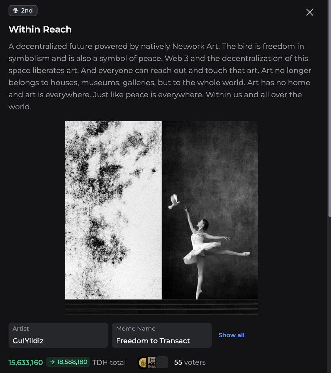 My card placed 2th on <a href="/6529Collections/">6529 Collections</a> 🔥

I am really happy and i trust to process always. 
Thank you who supported my card ❤️
Within Reach
A decentralized future powered by natively Network Art. The bird is freedom in symbolism and is also a symbol of peace. 
Web 3 and the