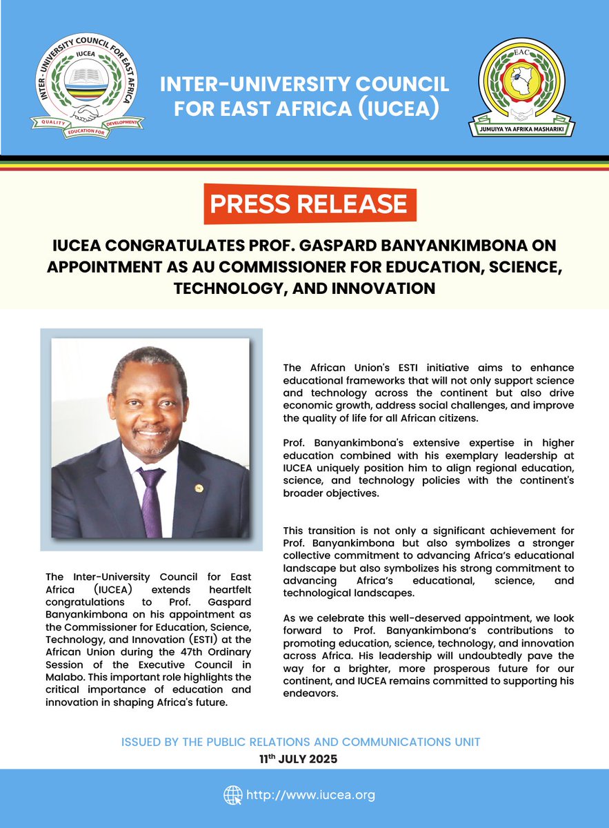 We congratulate <a href="/iucea_info/">IUCEA</a> Executive Secretary, Prof. Gaspard Banyankimbona <a href="/Banyankimbona5/">Prof Gaspard Banyankimbona</a> on his election as the AU Commissioner for Education, Science, Technology and Innovation, during the 47th Ordinary Session of the Executive Council in Malabo.  Best wishes #AU #Agenda2063