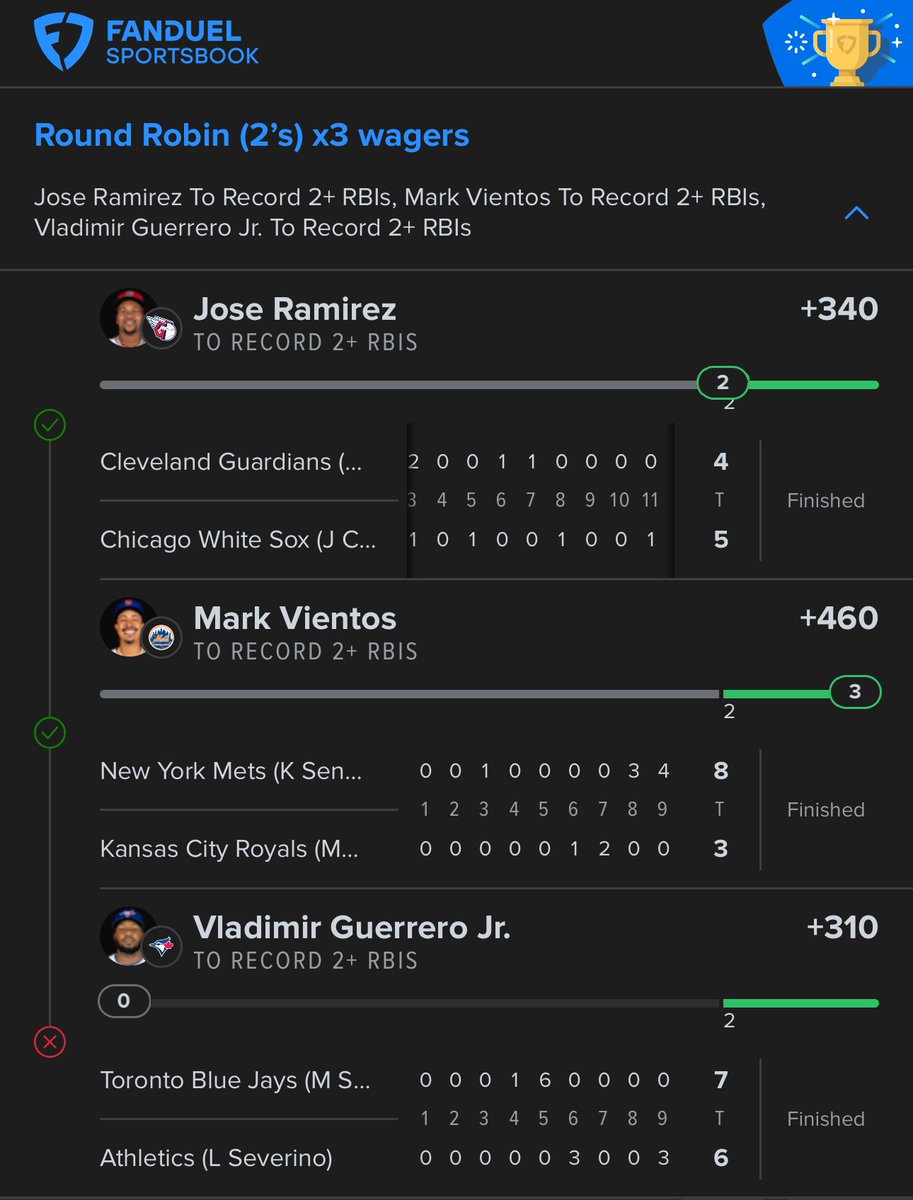 Proper_Picks's tweet image. Another awesome cash and almost another banger last night. Cashed this 2RBI Round Robin at +2364.

Plenty of chances for Vladdy to cash us last night but we take the profit! 💰

Let’s do it again today!

#MLB #SportsBetting