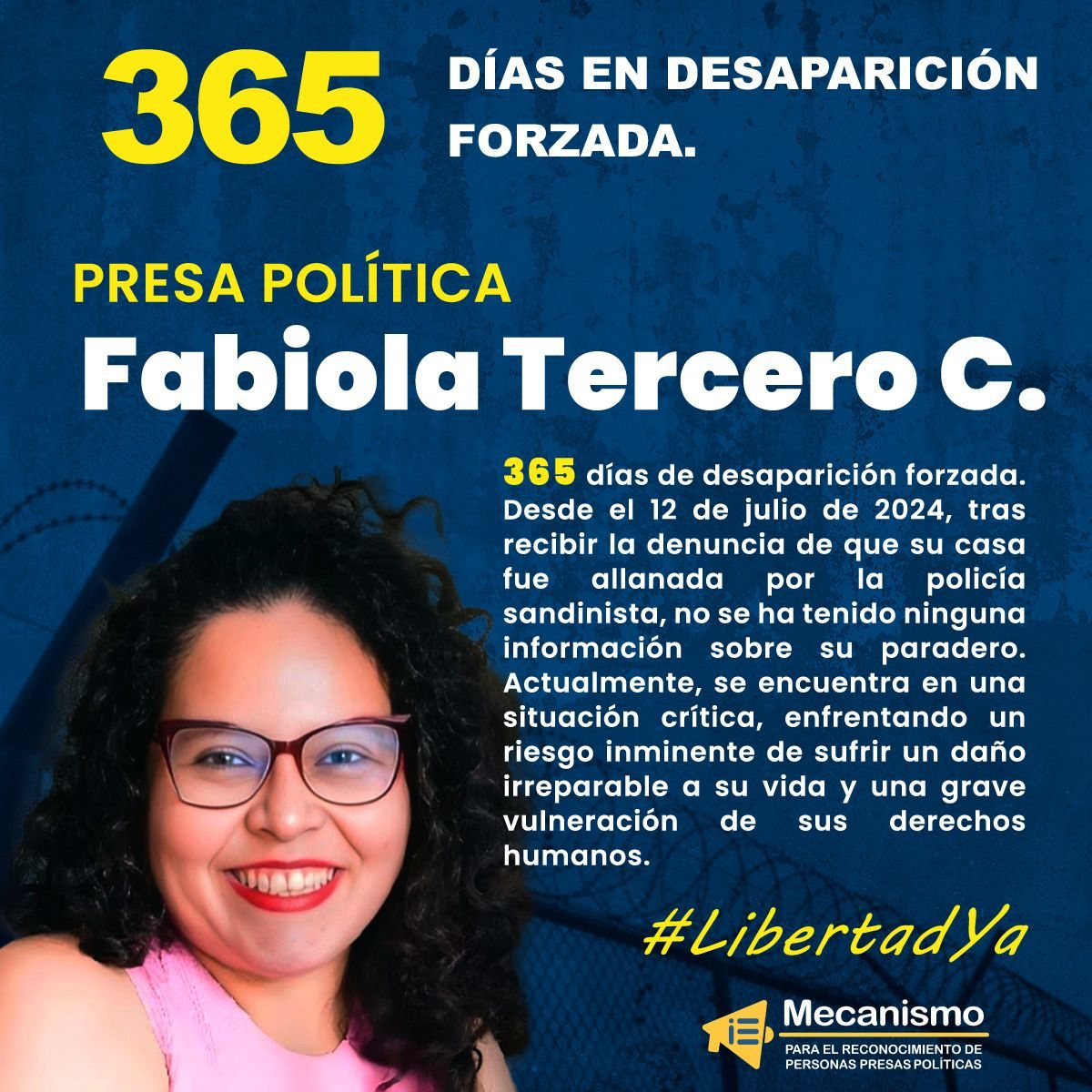 #AlcemosLaVoz | Hoy, 12 de julio, se cumple un año de la desaparición forzada de Fabiola Tercero. No hay información sobre su estado físico, mental y emocional. Cada día que pasa el riesgo de daño irreparable a su vida crece. ¡Exigimos su liberación inmediata! #LibertadYa
