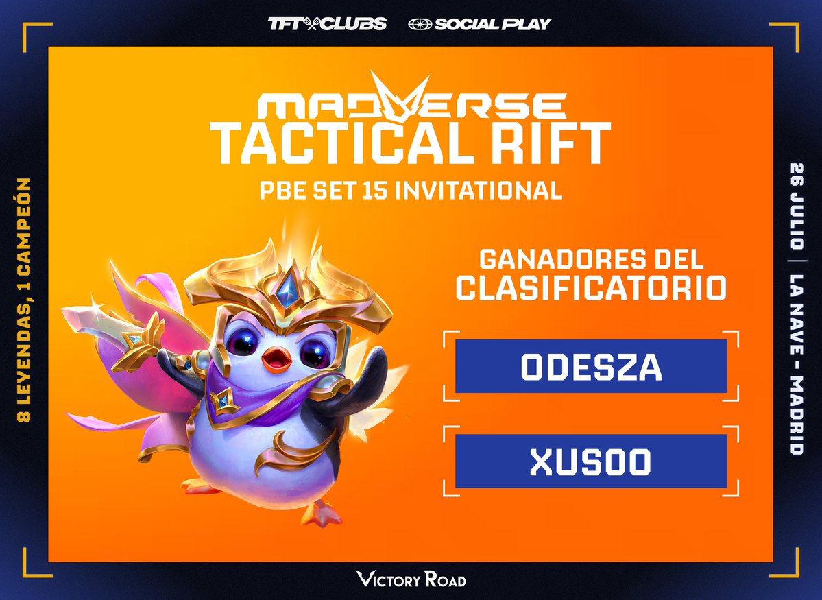 🚨 ¡Ya tenemos los 2⃣ clasificados a Madverse Tactical Rift! 🚨

🏆¡Enhorabuena a <a href="/OdeszaTFT/">O D E S Z A</a> y <a href="/xus0o/">xus0o</a> por clasificarse!

¡Nos vemos en Madverse el próximo Sábado 26 de Julio para la gran final! 🔥
