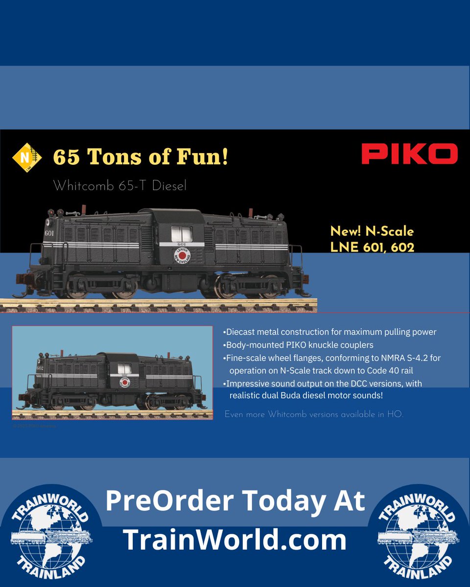 Trainworld's tweet image. Get ready for 65 tons of fun with @PIKOAmerica's new N scale Whitcomb 65-T LNE switchers! 🤩 

PreOrder today at TrainWorld.com! tinyurl.com/38brv552

#pikoamerica #nscale #65tonner #switcher #diesel #LNE #preorder #trainworld #trainland #modeltrains #trains