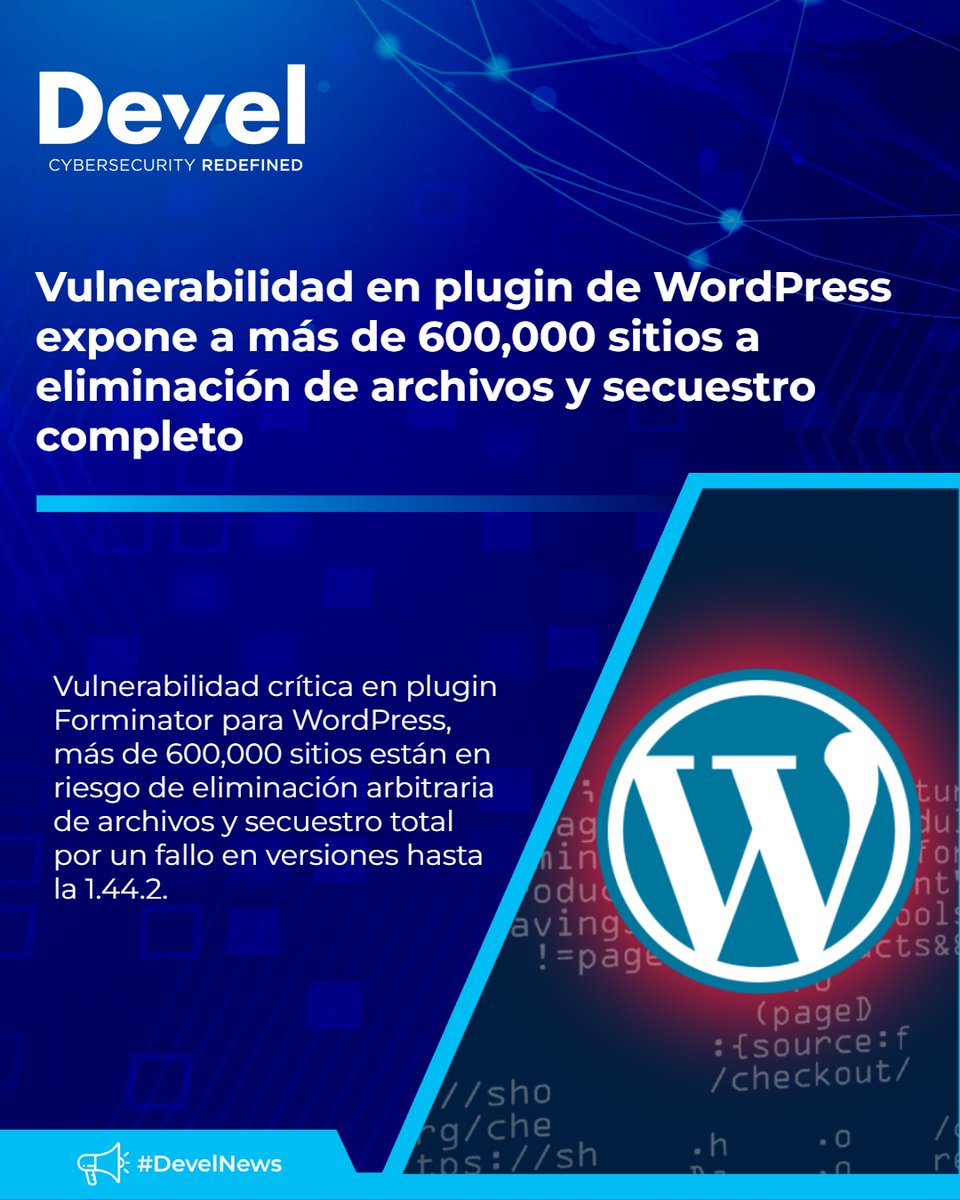 develsecurity's tweet image. #CybersecurityNEWS🔴👨💻👾 Vulnerabilidad crítica en plugin Forminator para WordPress, más de 600,000 sitios están en riesgo de eliminación arbitraria de archivos y secuestro total por un fallo en versiones hasta la 1.44.2.
Conoce más: bit.ly/4kuvRVM
#DevelNews