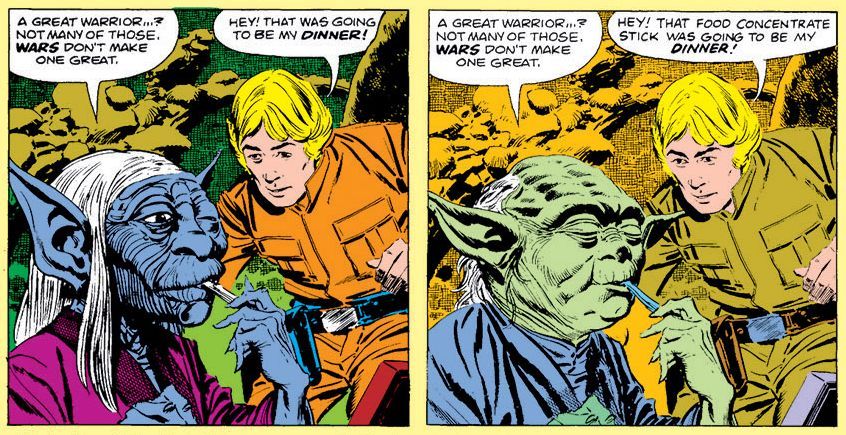 EmpireToJedi's tweet image. When Al Williamson first drew EMPIRE, they didn't have any photo reference for Yoda. He based his art on the Ralph McQuarrie designs. Williamson was able later to change the art, but the novel went to press already & went out with the McQuarrie-style Yoda art! #StarWars