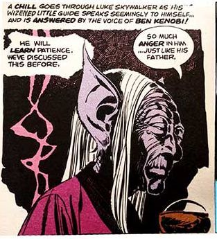 EmpireToJedi's tweet image. When Al Williamson first drew EMPIRE, they didn't have any photo reference for Yoda. He based his art on the Ralph McQuarrie designs. Williamson was able later to change the art, but the novel went to press already & went out with the McQuarrie-style Yoda art! #StarWars